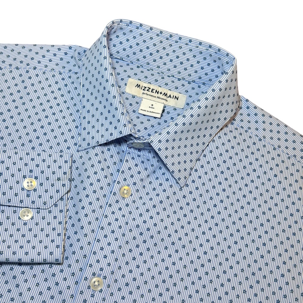 Mizzen+Main Performance Dress Shirt Mens Small Trim Fit Blue Stripe Floral